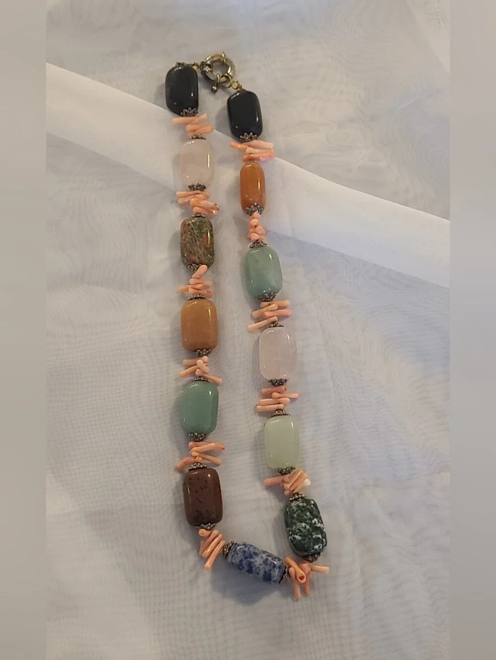 Vintage Multi- Gemstone Bead Necklace with Coral Accents 21" - Picture 3 of 8
